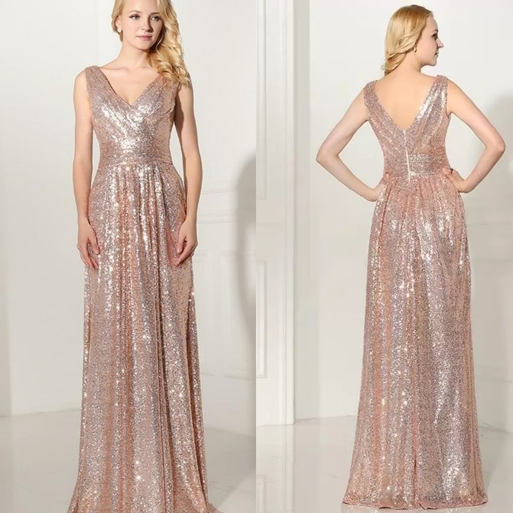 𝅺KATE Kasin Rose Gold Sequin Pleated V-neck Sleeveless Stretchy Column Dress 6